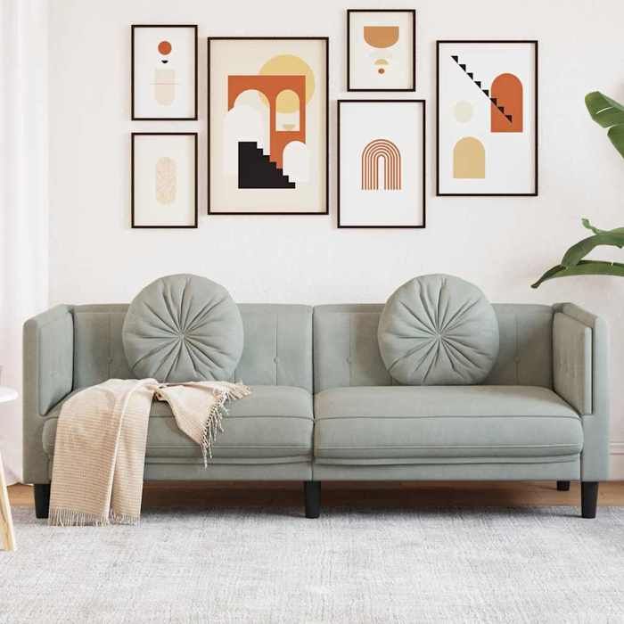 (Gris) Canapé Lounge Sofa fixe avec coussins 3 places gris clair velours 530584