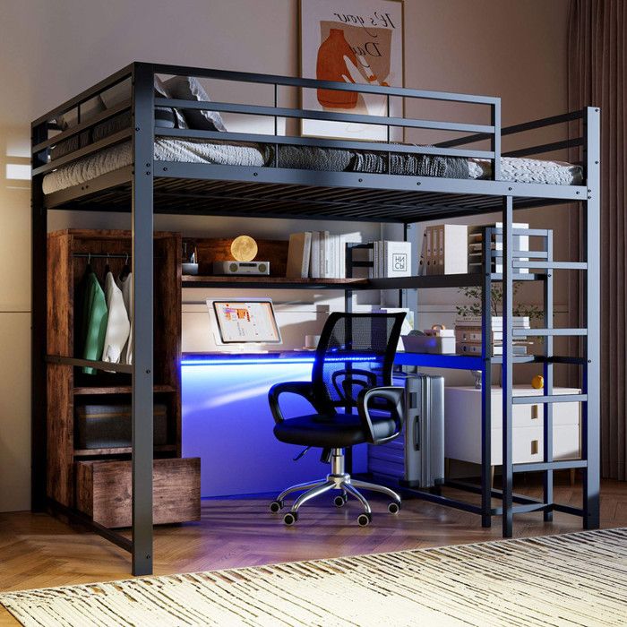 Lit Mezzanine Gaming Avec Bureau Et LED - Cadre Métal 140x200 Cm Pour Ado - Noir