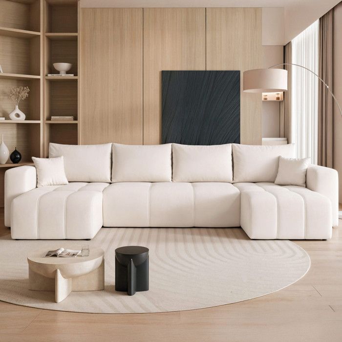 Canapé Panoramique PEDRO - 7 places - Convertible avec Coffre - Tissu Velours - Crème