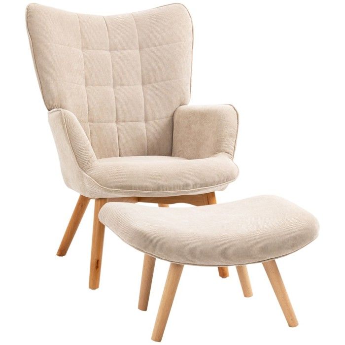Fauteuil inclinable à oreilles avec repose-pieds en bois - Velours côtelé beige - Chaise longue rembourrée pour salon - Canapé TV Fauteuil inclinable à oreilles avec repose-pieds en bois - Velours côtelé beige - Chaise longue rembourrée pour salon - Canapé TV