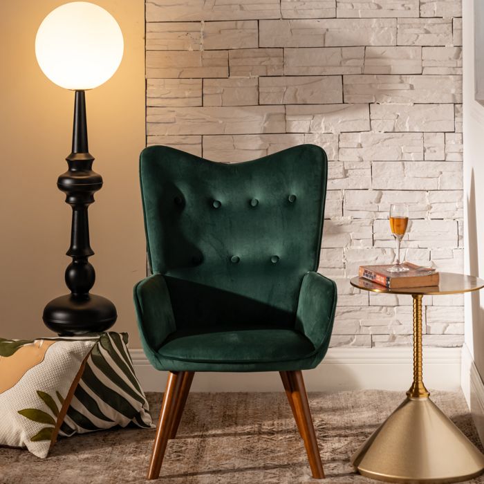 Fauteuil Lounge Tapissé - URBAN MEUBLE - Velours Vert - Pieds en Hêtre - Hauteur 91 5 cm Fauteuil Lounge Tapissé - URBAN MEUBLE - Velours Vert - Pieds en Hêtre - Hauteur 91 5 cm