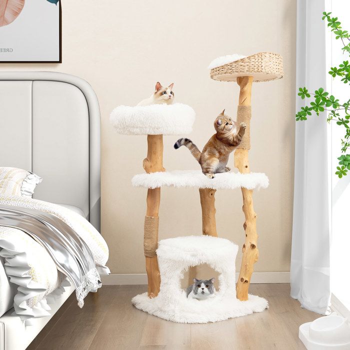 Comparer les prix de GYMAX Arbre à chat multi-niveaux 124 cm en bois massifPerchoir LatéralPanier SupérieurPlates-FormeCentre dActivités