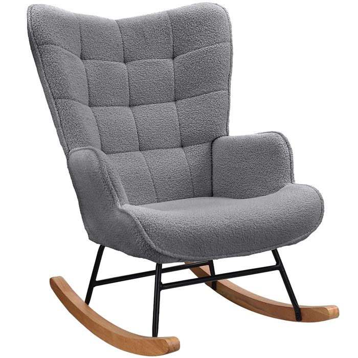 Fauteuil à Bascule - LUMINARIX - Rocking Chair Pieds en Bois Massif dossier rembourré Avec accoudoirs Velours Teddy Gris foncé