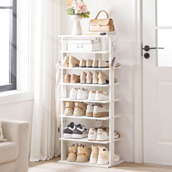 HOOBRO Étagère à Chaussures à 8 Niveaux Porte-Chaussures avec 2 Crochets Meuble à Chaussures Gain de Place Stable Blanc