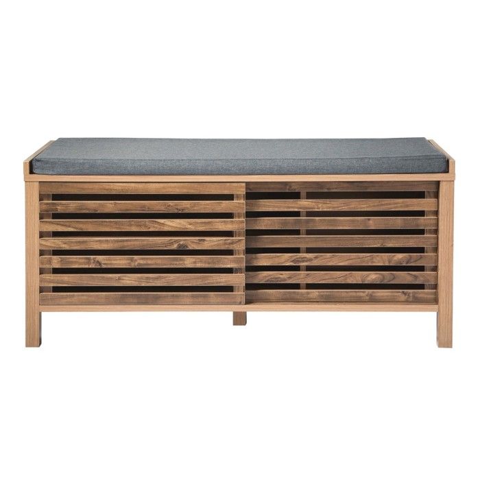 CALICOSY - Banc à chaussures 2 portes coulissantes à lames ajourées L112 cm LIAM - Bois foncé