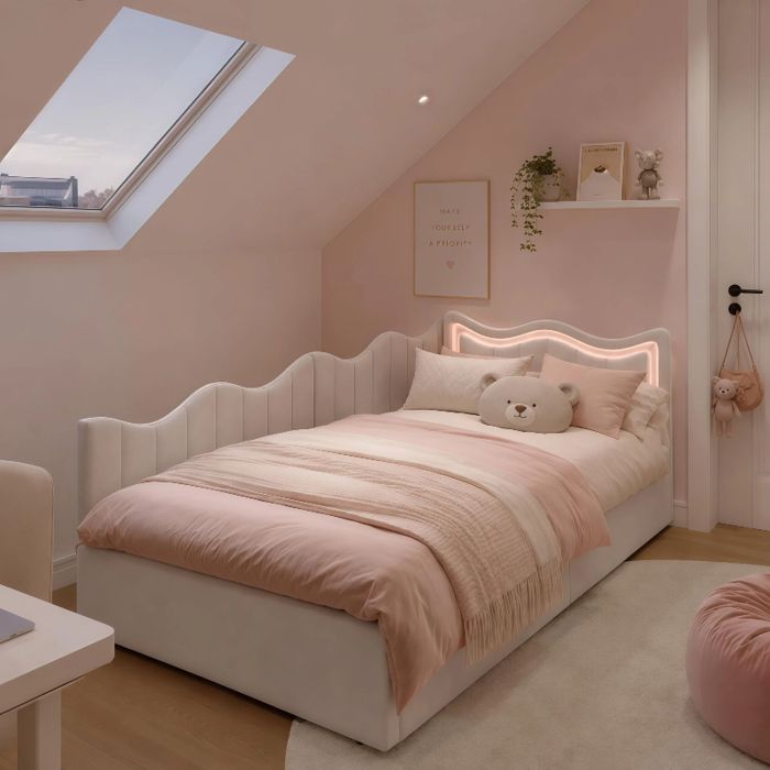 Lit coffre enfant 90x200 cm avec rangement structure de lit fille 1 place avec tête de lit en L Velours blanc cassé