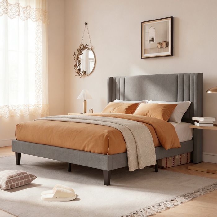 Lit Double 160x200cm - Tête de Lit Capitonné - Cadre de Lit Adultes Adolescents avec sommier a lattes - 2 Place - Tissu Lin Gris