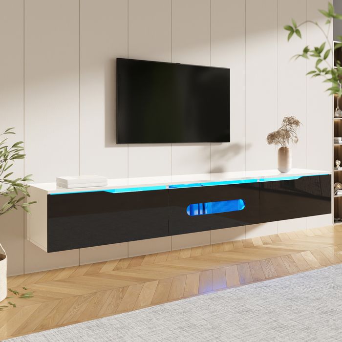 Meuble TV 180 Suspendu ou Sol LED Meuble Télé avec Rangement Porte Pliante Brillance Mural Moderne Banc TV pour Salon Noir+Blanc