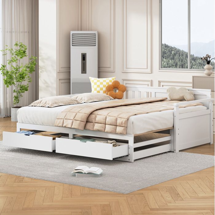 Lit combiné gigogne 180×190 cm 2 tiroirs et rangement - BEAUNIV - sans matelas bois blanc