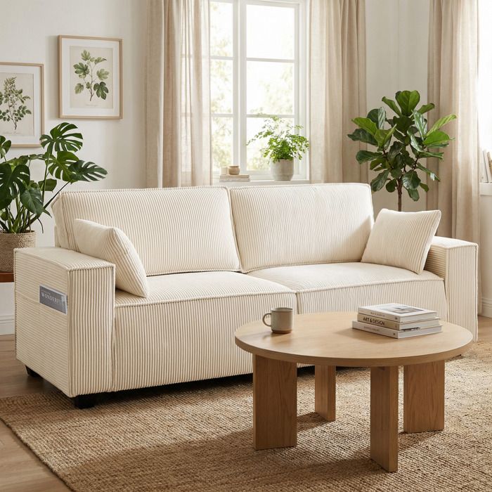 Canapé 3 places en velours côtelé 218 cm canapé salon coussins à ressorts larges accoudoirs 2 coussins beige