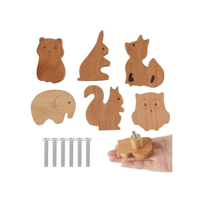 Poignée Meuble 6 Pièces Boutons en Bois Massif Motif Animaux Mignons Texture Naturelle Décoration pour Chambre dEnfant