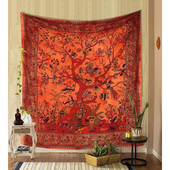 Tapisserie murale motif arbre de vie orange à suspendre - Tapisserie psychédélique en coton indien 210L x 140l cm Orange