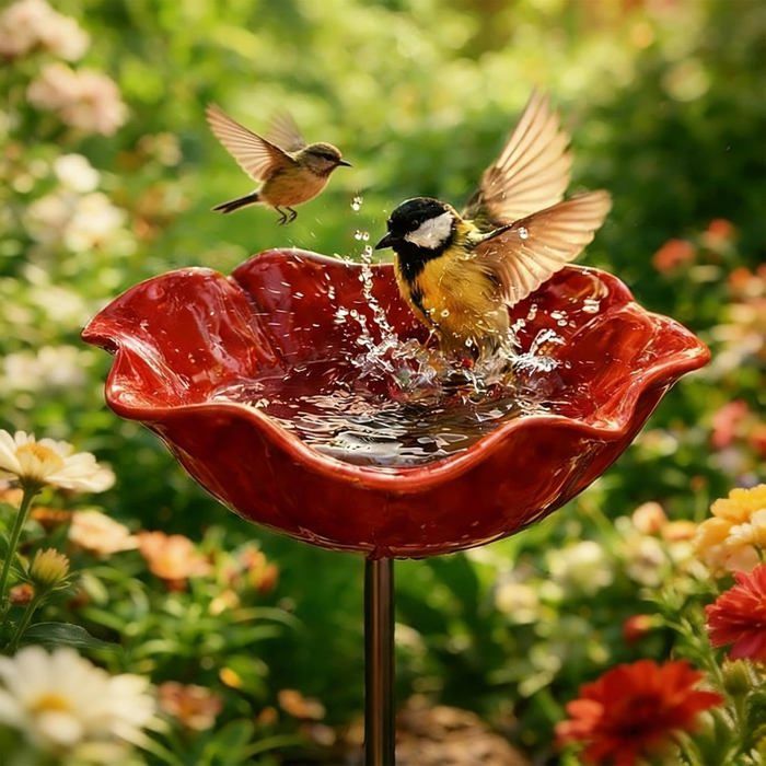 Bac à Eau pour Oiseaux Forme Fleur Rouge - Mangeoire Extérieure - Ø 15 cm H 65 cm