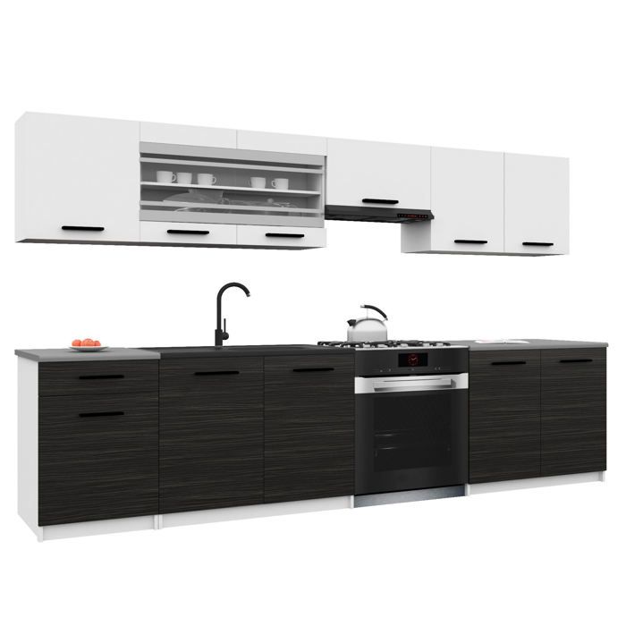 BELINI Cuisine Équipée Complète ITALIA 4 260 cm - Meubles Hauts et Bas avec Plan de Travail - Blanc Mat/Ébène