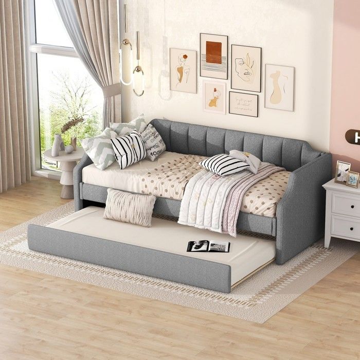 Canapé-lit convertible - Daybed 90x190/200 cm - Gris - Coton lin - Lit gigogne double/séparable