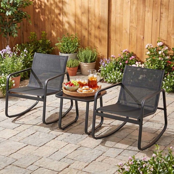 Ensemble salon de jardin - 3 pcs - Plateau verre trempé - Structure métal anti-corrosion - Fauteuils basculants