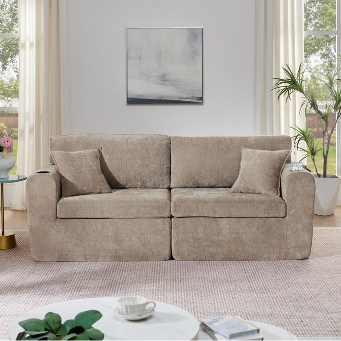 Canapé fixe 2 places en chenille marron avec portegobelet poche latérale et USB pour petits espaces