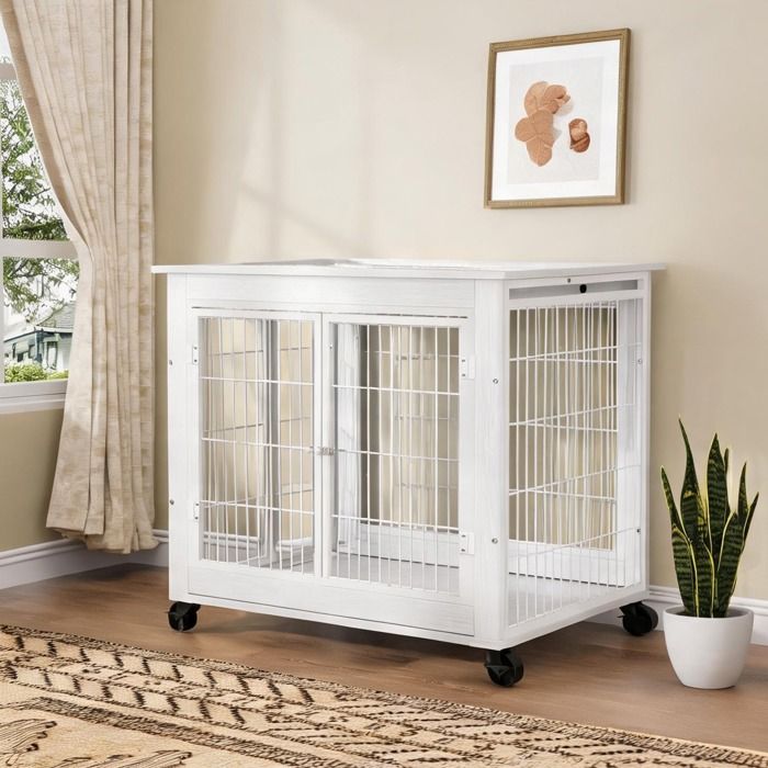 Cage pour chien dintérieur style meuble en panneau de particules blanc double porte et roulettes 80 x 56 x 69 5 cm