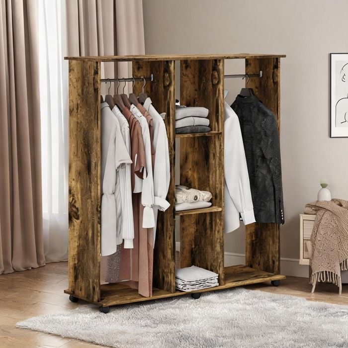 Penderie ouverte sur roulettes en panneau de particules marron 120x40x128 cm – dressing mobile 2 barres 3 étagères