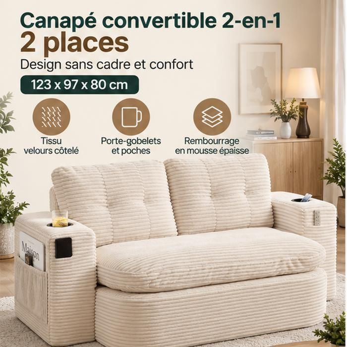 Chauffeuse Convertible 2 Places 130cm Velours Côtelé Beige Canapé-lit 2-en-1 avec 2 Porte-Gobelets Dossier Haut et Assise Profonde