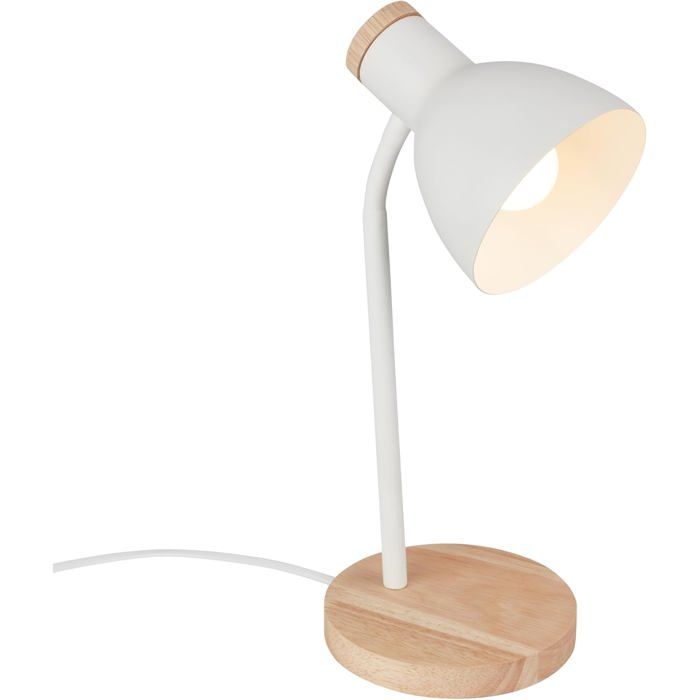 Lampe orientable blanc et bois 14x38cm douille E14 max 10W interrupteur câble style scandinave bureau chevet salon