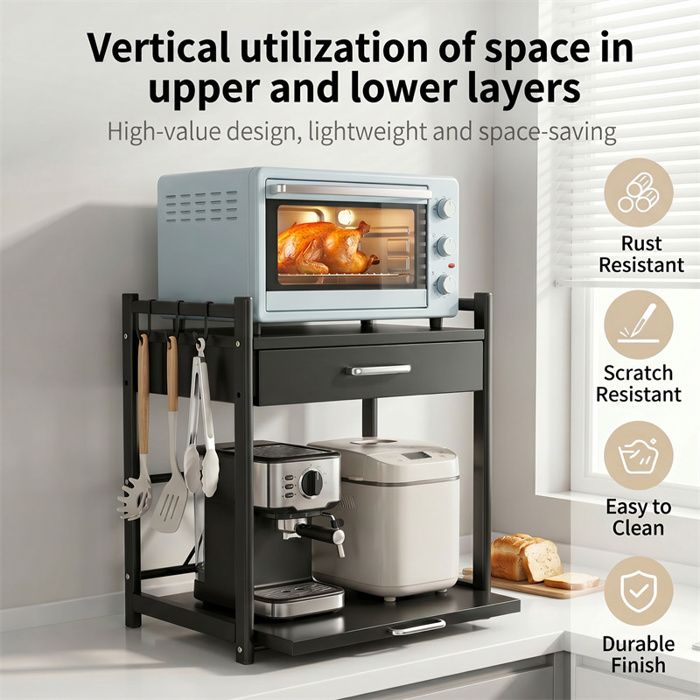 Étagère four micro‑ondes en fer 50 cm à hauteur réglable avec tiroir et plateau coulissant