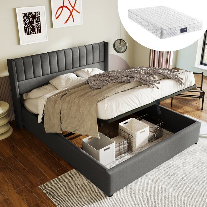 Lit coffre hydraulique avec rangement intégré matelas 7 zones inclus 140x200 cm gris