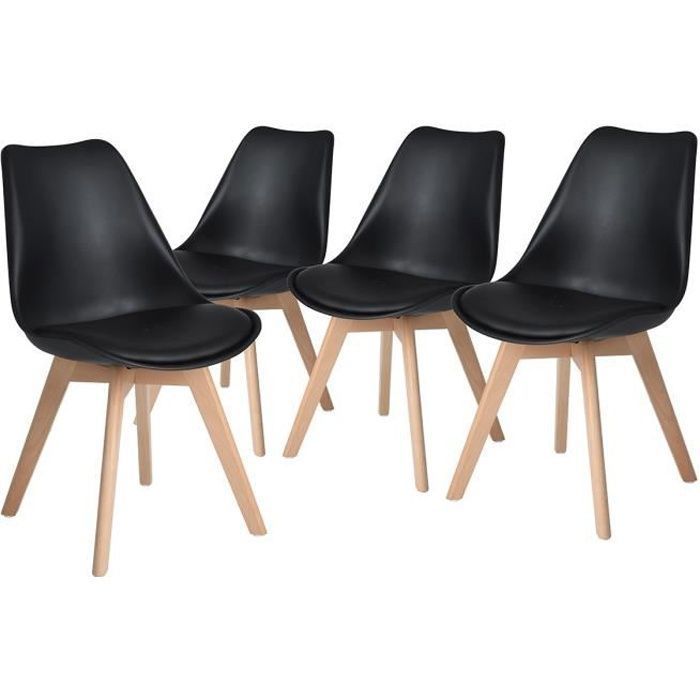 Dora Lot de 4 chaises de salle à manger - Simili Noir-Tulip Chaise rembourrée Scandinave-Pieds en bois de Hêtre massif L55 x P 48
