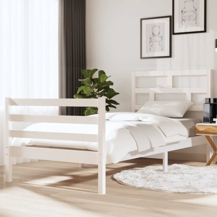 lit adulte enfant scandinave - jili - cadre de lit - blanc bois massif 90x190 cm simple