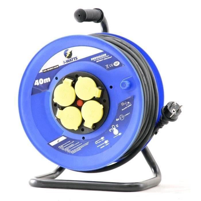 Enrouleur électrique 4 Prises 40 Mètres - IP44 - 3300W - Pour Extérieur (jardin, Terrasse, Chantier) - Noir - 4