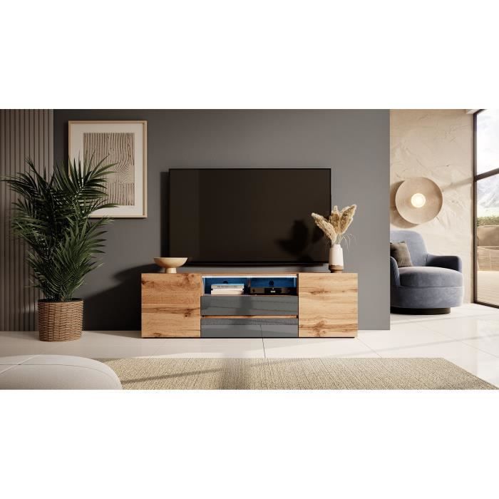 Mobilier suspendu de salon meuble télé design taupe, gris et chêne