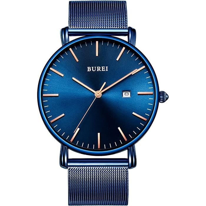 BUREI Minimalist Montre Homme Classy Date Tout Bleu Grand Cadran