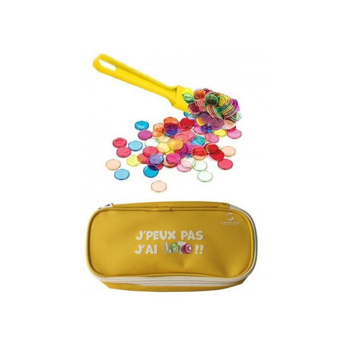 cavernedesjouets Kit Accessoires Loto Bingo 3 en 1 - Trousse Mauve + Baton ramasse jetons magnetique Rose + 100 pions aimantes - Set Materiel Jeu + Carte