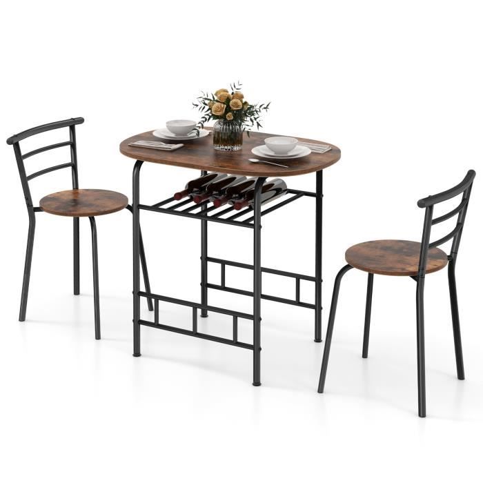 costway ensemble de table et 2 chaises de salle à manger & cuisine, avec casier à vin, cadre en métal, 80 x 53 x 77 cm, marron