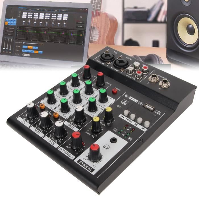 Mini Mixeur Audio Stéréo 4 Canaux - Réglage Volume/Bass/Treble, Entrées/sortie 3.5mm, Alimentation 5-12V - 3