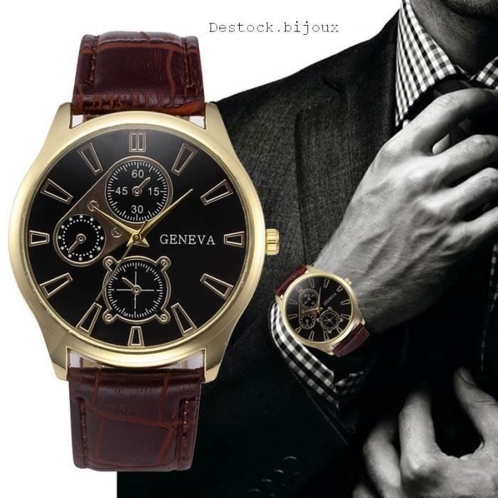 Montre Homme Bracelet Cuir Marron Cadran Rond Quartz Acier Inoxydable Dore Marron et Noire Classique Achat vente montre Homme Adulte Marron Cuir Cdiscount