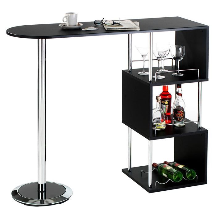 table haute de bar vigando mange-debout comptoir avec 3 étagères dont 1 porte-bouteilles, en métal chromé et plateau en mdf noir mat