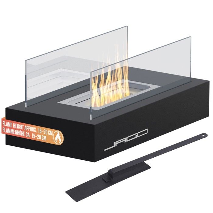 Jago® Cheminée Éthanol de Table - 35x18x15 cm, en Acier Inoxydable, 2 Panneaux en Verre - Poêle Bioéthanol, à Poser au Sol
