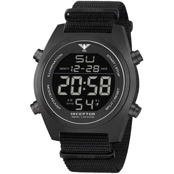 KHS Orologio Uomo Digitale Cronografo – Cassa 55mm In Acciaio Placcato Nero, Cinturino In Nylon, Impermeabile 10 Bar