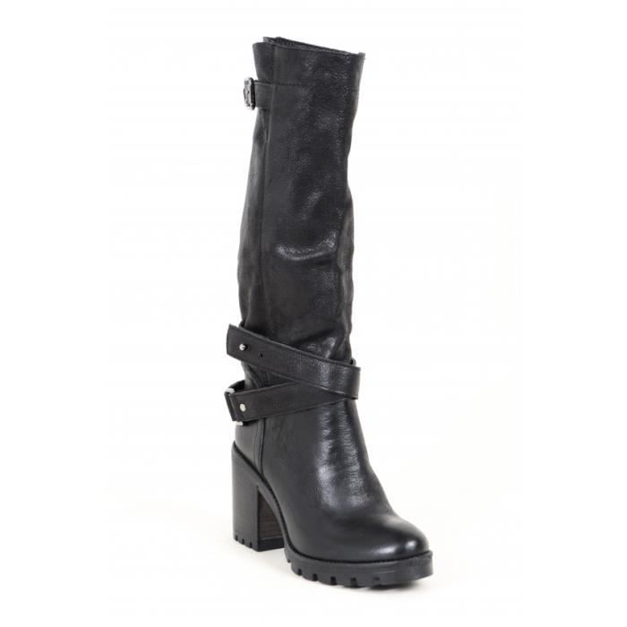 Bottes motardes hautes a talons hauts en cuir lisse ...