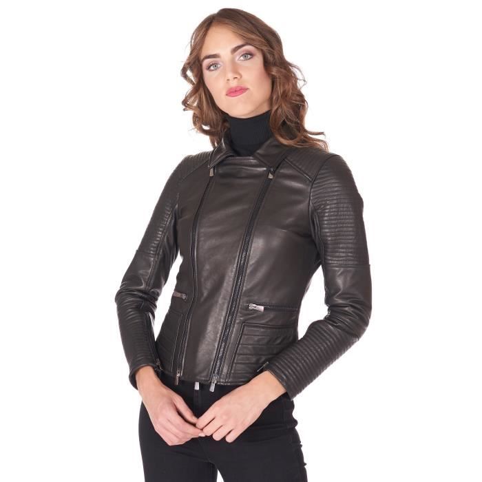 Veste 3/4 En Cuir Noir OLIVIER DUNA - Col Fourrure Véritable, Taille 40, Neuf Sans Étiquettes