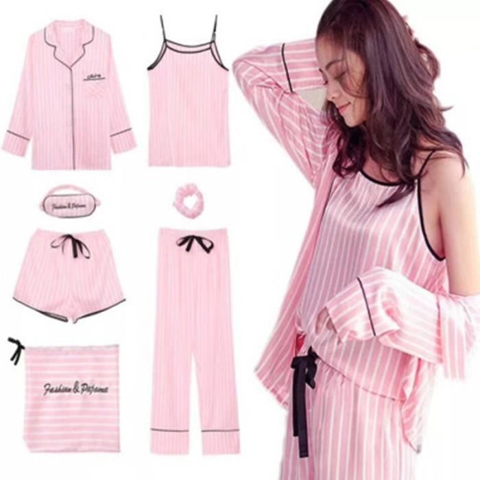 Pyjamas en soie pour femmes Pyjama en Satin et soie pour femme ensemble de 7 pieces vetements de nuit manches longues raye ros Striped Cdiscount Pret a Porter