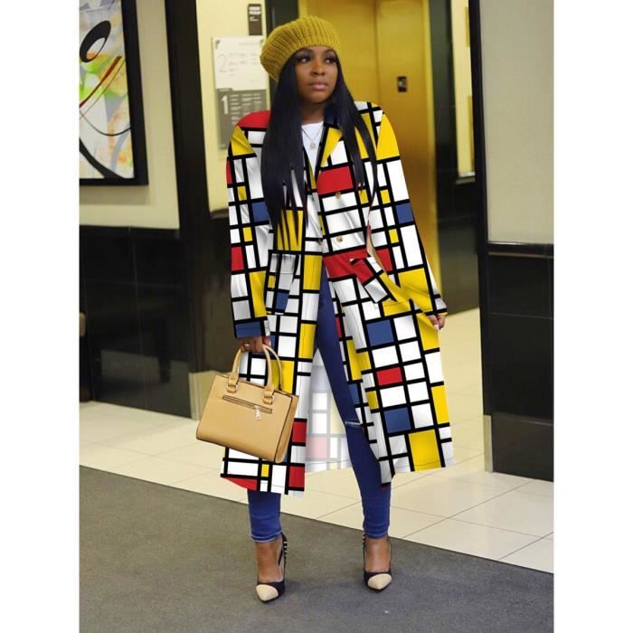 Manteau Veste longue a revers pour femmes coupe vent tendance streetwear treillis manches longues decontractee Type YELLOW Blanc Cdiscount Pret a Porter