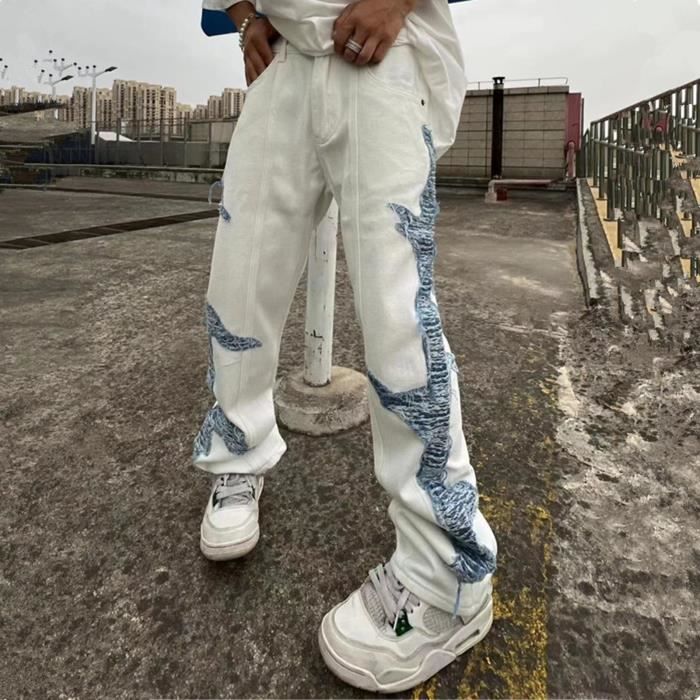 Patchwork Blanc Coton Hommes Baggy Jeans Pantalon Y2K V tements