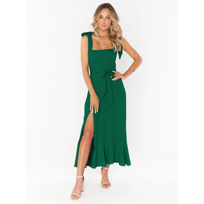 Dames elegante robe de demoiselle d honneur bracelet col carre fente volants soiree invite de mariage cocktail Couleur vert fonce