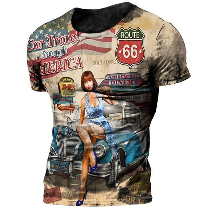 T-shirt Route 66 Homme Gris Taille S - Imprimé Graphique Moto Et Voitures