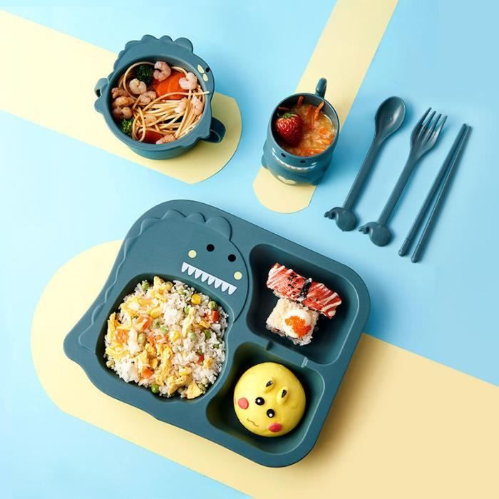 6pcs Vaisselle Assiette Couverts Bebe Enfants Diner Dejeuner Repas Avec Compartiments Dinosaure Vert Fonce Cdiscount Puericulture Eveil Bebe