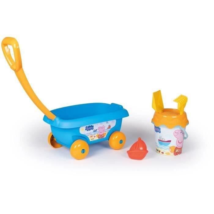 SMOBY - PEPPA PIG Chariot de plage garni : seau + tamis + pelle + râteau + moule à sable
