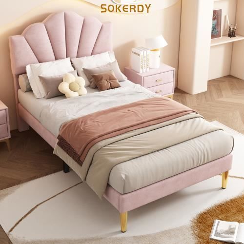 lit rembourré en velours - sokerdy - 90x200 cm - coquille - pieds en fer doré - tête de lit réglable - rose