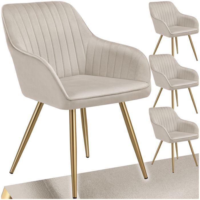 Chaise - TECTAKE - Lot de 4 chaises MARYLIN effet velours matelassé rembourrée et pieds acier doré 58 x 62 x 82 cm - Taupe/Or